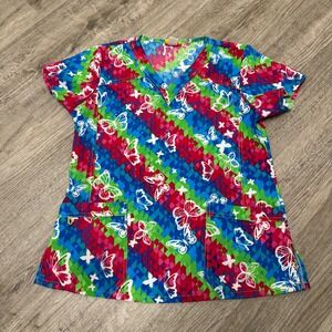 WonderWink Scrub Top Medium Womens Blue Pink Butterfly Geometric V-Neck Pockets